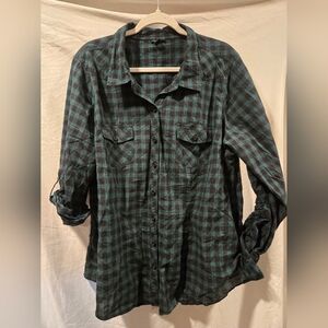 Torrid - Green and Black Plaid Cotton Button Down Shirt, Size 2X